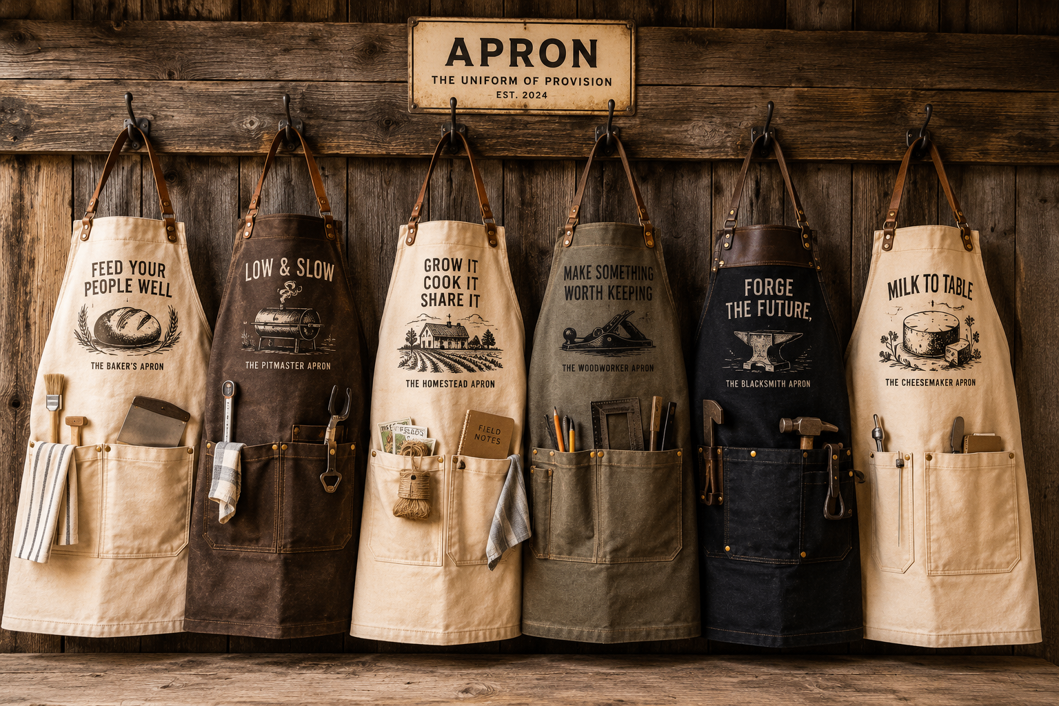 Six APRON aprons hung on a reclaimed wood wall