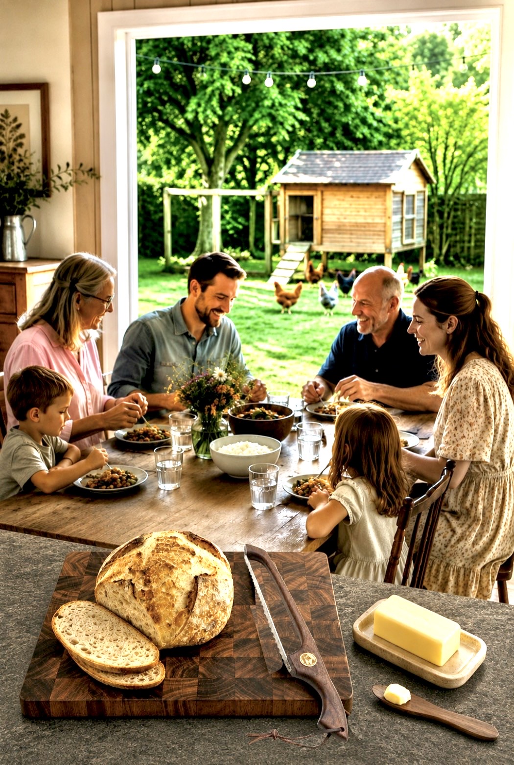 Family gathered around a farmhouse table sharing a meal