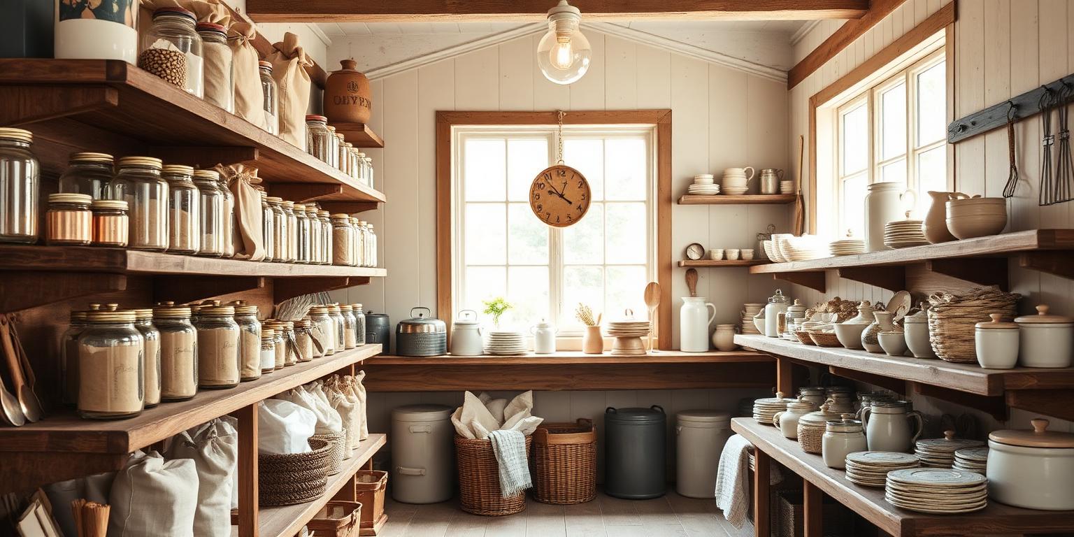 The Vintage General Store — shelves of provisions, pantry goods, and heirloom tools